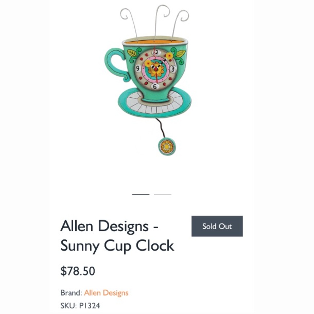 Allen Designs Sunny Cup Full of Coffee Kitchen Pendulum Battery Wall Clock